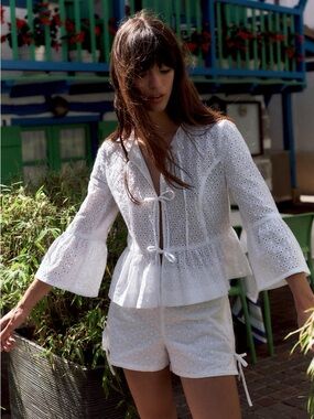 Zara White Eyelet Tie-Front Peplum Blouse